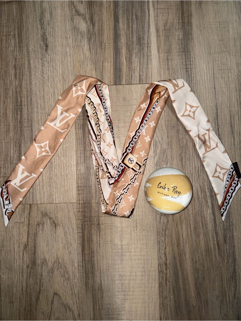 Louis Vuitton Beige & Cream Monogram Silk Twilly- GOOD CONDITION